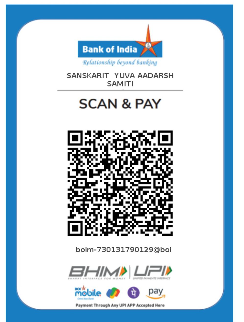 Bank of India UPI QR — Sanskarit Yuva Aadarsh Samiti